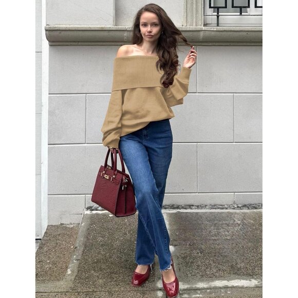 Women's Oversized Off Shoulder Sweater Knit Top Long Lantern Sleeves Fall - Picture 2 of 6